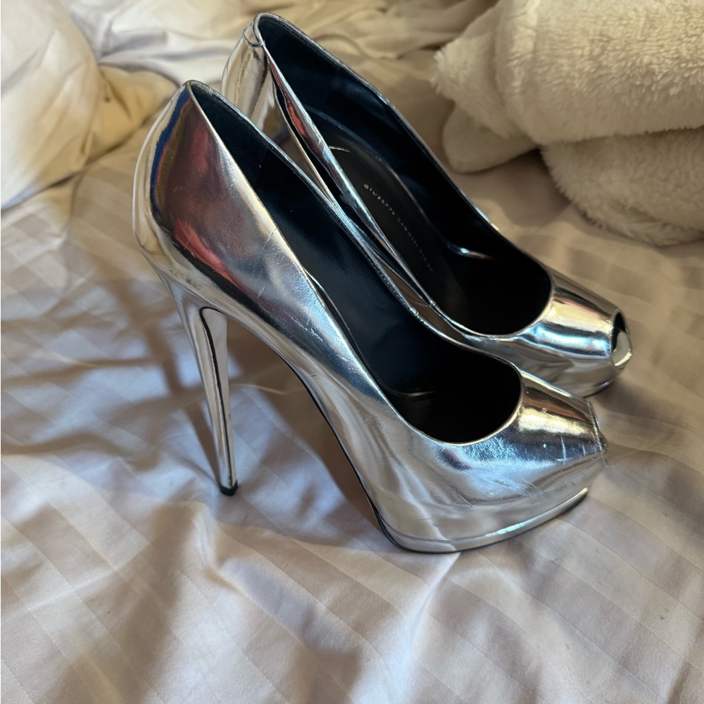 Silver High Heel Peep Toe Pumps